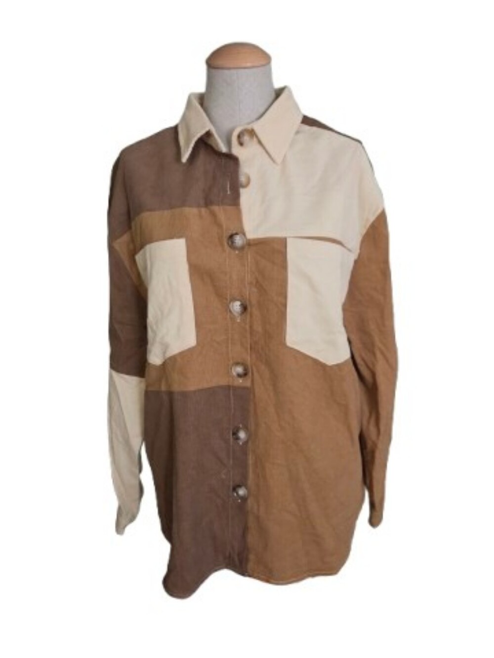 Polagram Patchwork Corduroy Shacket in Cream & Brown